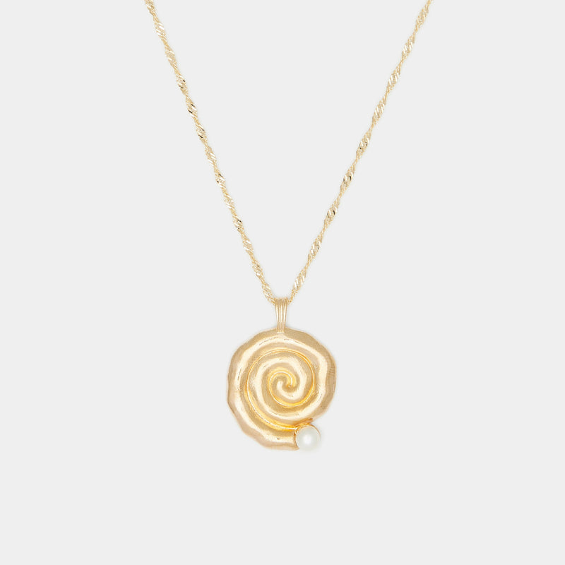 Sacred Spiral Freshwater Pearl Necklace in Solid Gold