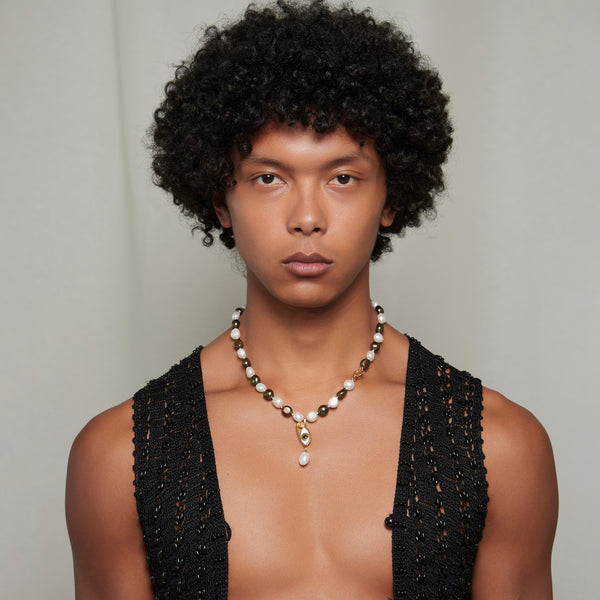 Checkered Ines Baroque Pearl Necklace in Solid Gold for Him