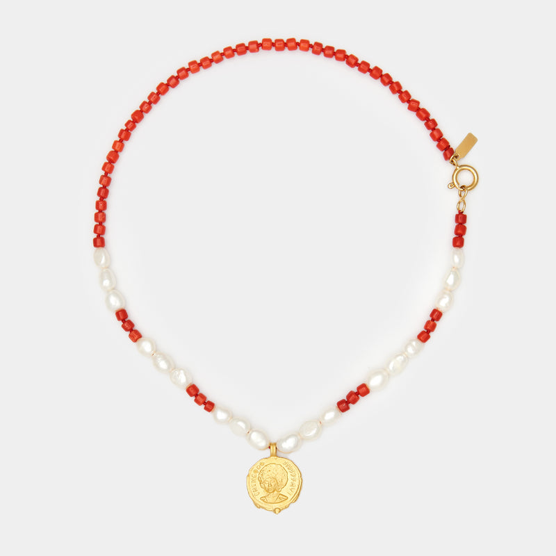 Maya Coral & Pearl Necklace in Solid Gold